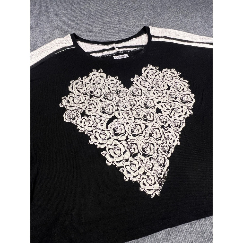 Lauren Moshi Floral Heart Sweater Black Cream Rose Graphic Size M